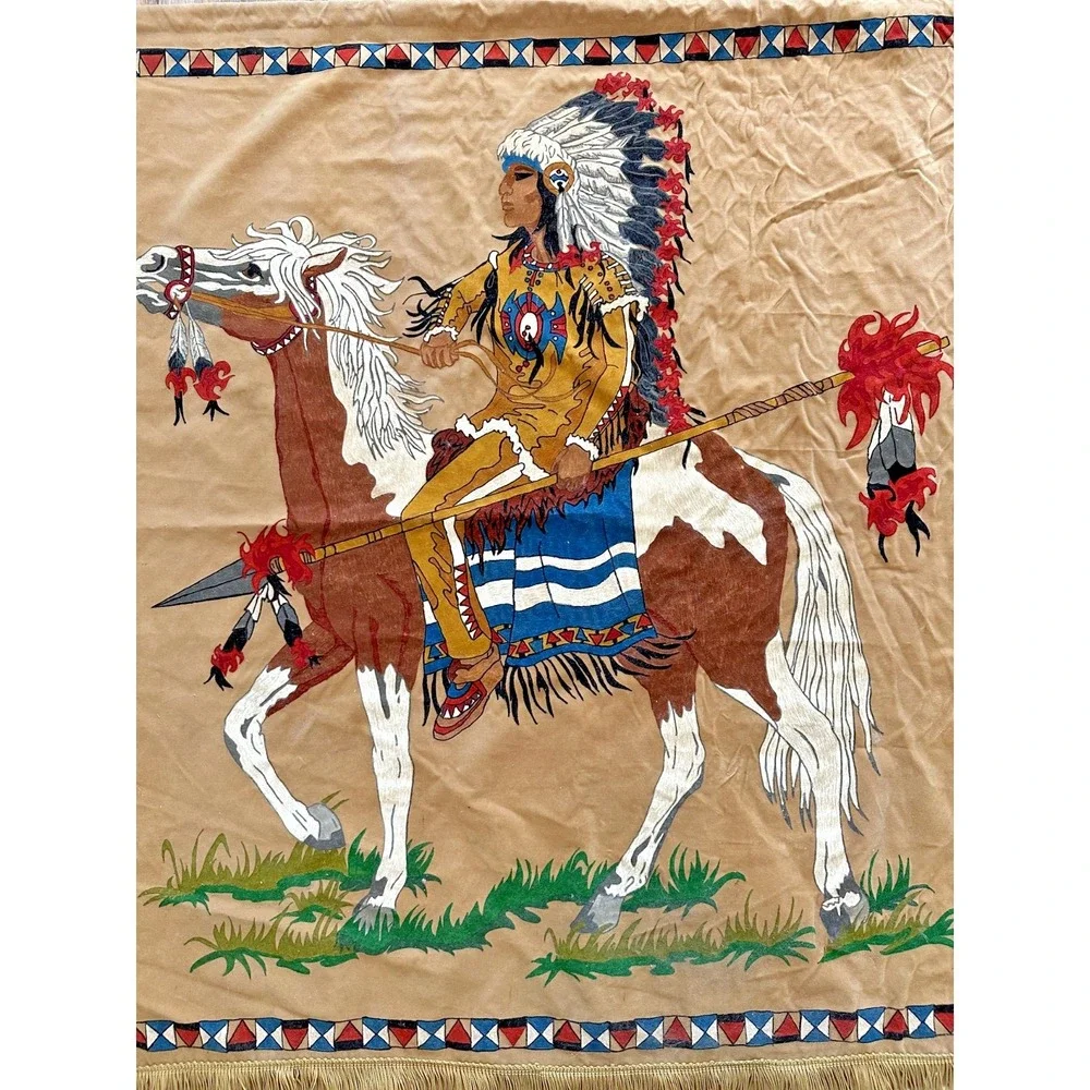 Vintage Native American on Horse Painted Velvet Cloth Wall Hanging Fringe
